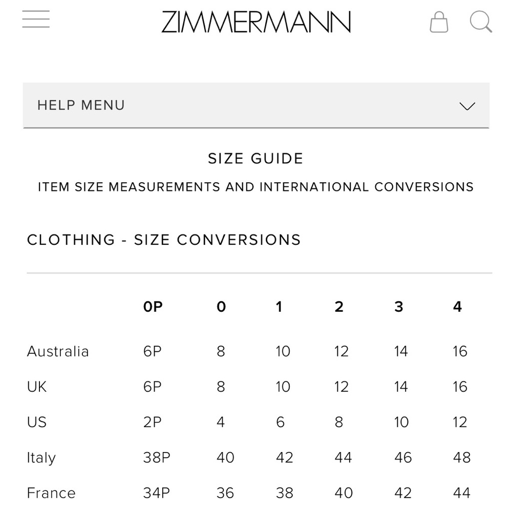 Zimmermann size chart